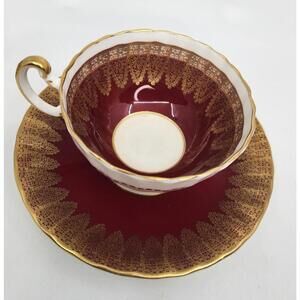 Aynsley England Bone China Teacup Saucer Deep Red Maroon Gold Gilt Gorgeous!